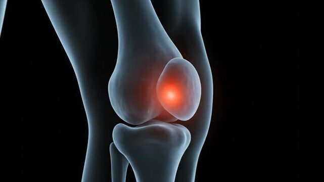 Medical 3D render of knee joint with highlighted inflammation showing pain, knee pain concept, injury