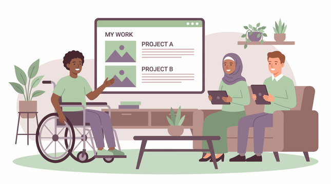 Inclusive team presentation a person in a wheelchair shares creative digital projects on screen, while diverse colleagues review content on tablets in a modern setting