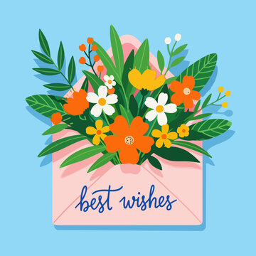 Vibrant illustration of a pink envelope brimming with a colorful floral bouquet and green leaves, conveying heartfelt best wishes for celebrations and special moments