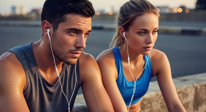 Couple resting after workout near waterfront