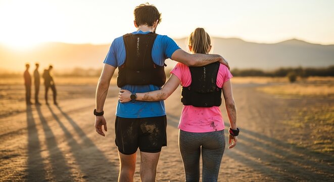 Couple running trail during sunset with mountains