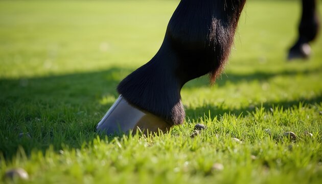 Close-up of a dark horse hoof with horseshoe in motion. Powerful equine leg kicks up grass while running fast across green field. Focus on detail of animal speed and agility.