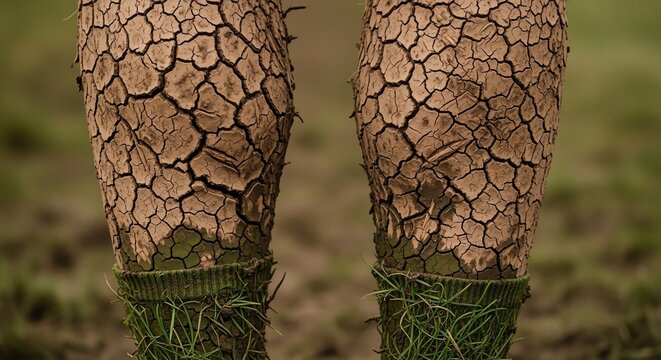 Cracked earth texture on legs with grass