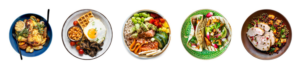 Naklejka na ściany i meble PNG Colorful, diverse, delicious, plated, meals on transparent background