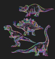 Set of neon dinosaurs in engraving style on black background: triceratops, stegosaurus, raptor and sauropod. Bright multicolor linework, modern graphic design, perfect for posters, prints and merch. © Aneta