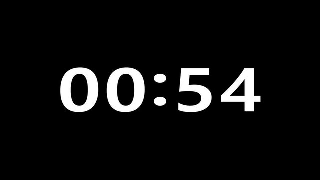 Modern white countdown timer from 1 minute to 0 minute on Black background. 