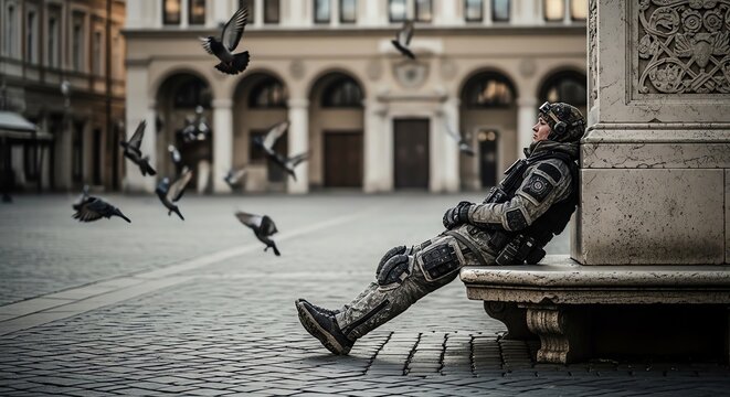 Man in tactical gear resting against building with pigeons