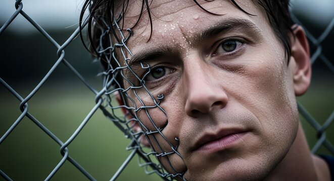 Man looking through chain link fence with worried expression