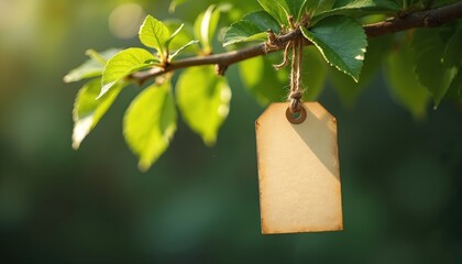 Fototapeta premium Blank tag hangs from sunlit tree branch among fresh green leaves. Natural background with copy space for text message. Gentle lighting on foliage and twig.
