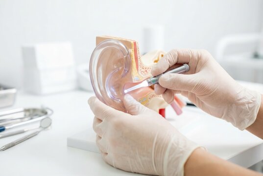 Audiologist hands using a medical penlight to examine the inner canal of an anatomical ear model