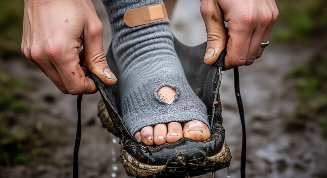 Muddy hiking boots and sock with hole