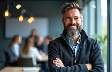 Fototapeta premium Bearded man smiles arms crossed in office meeting room. Professional leader stands, people work blurred in background. Corporate team collaborate, plan strategy for business growth.