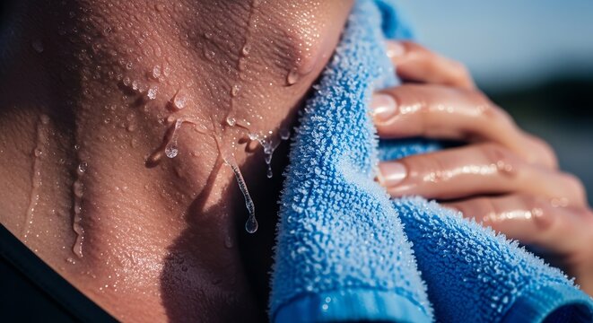 Person wiping sweat with towel after exercise