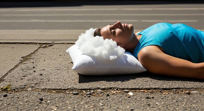 Person lying on pavement with pillow and cloud
