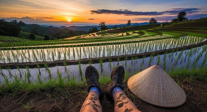 Rice terraces landscape at sunset