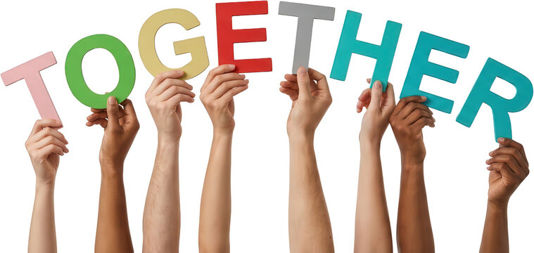 Multiple diverse hands hold colorful letter cutouts spelling out the word TOGETHER against a plain backdrop unity teamwork diversity inclusion collaboration community people