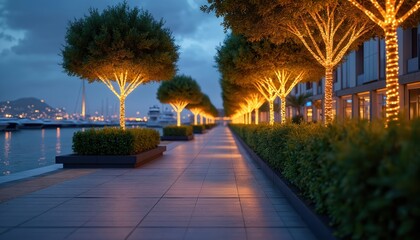 Obraz premium Waterfront promenade with trees lit by yellow lights. Yachts at marina harbor glow on water at twilight. Buildings with windows reflect evening lights.