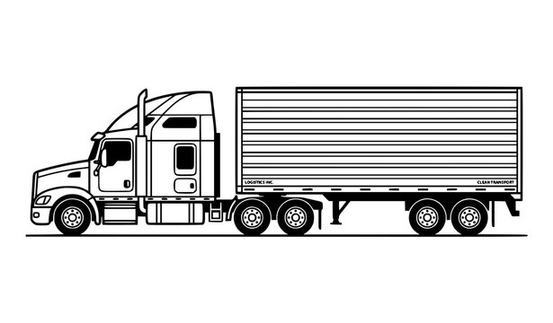 Semi truck vector side view black and white freight vehicle with sleeper cab and long trailer for logistics design