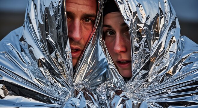 Two people wrapped in emergency blankets looking distressed