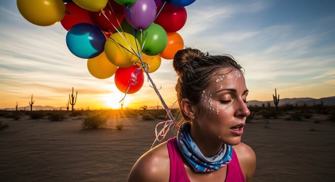 Woman holding balloons in desert at sunset