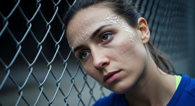 Woman looking distressed near chain link fence