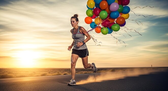 Woman running with balloons at sunset on road