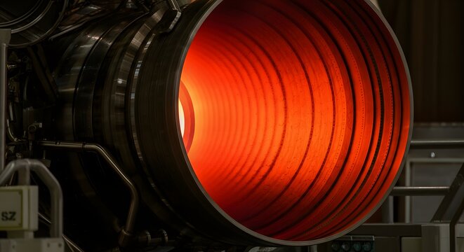Close up commercial rocket engine thruster bell glowing cherry red hot test.