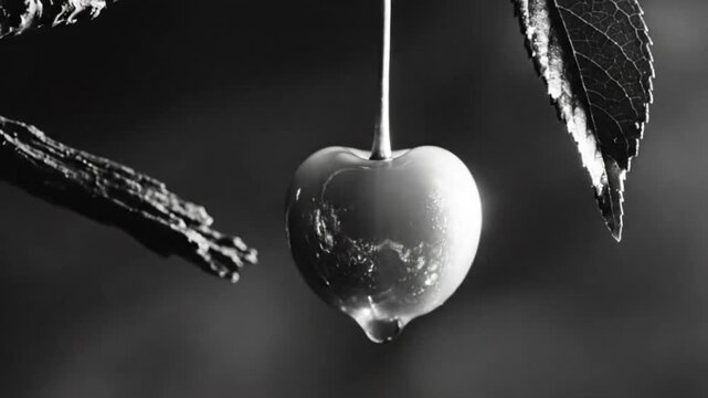 Black and white close up of a cherry with a droplet of water hanging from its bottom, and flowing down.
