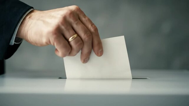 Close-up of a hand dropping a ballot into a voting box, symbolizing democracy and election day