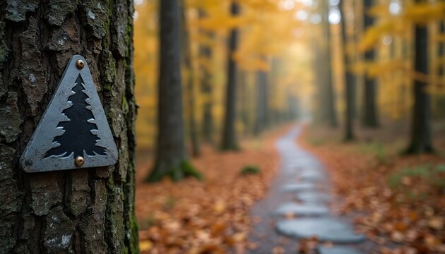 Triangular trail marker with pine tree symbol on rough tree bark. Winding path through forest in autumn, fallen orange leaves cover ground. Trees yellow foliage, blurred background suggests distance.