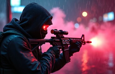 Obraz premium Man in black hoodie aims rifle with red glowing eyes, rain falls on city street. Explosions and pink smoke create tense atmosphere, threat. Urban combat.