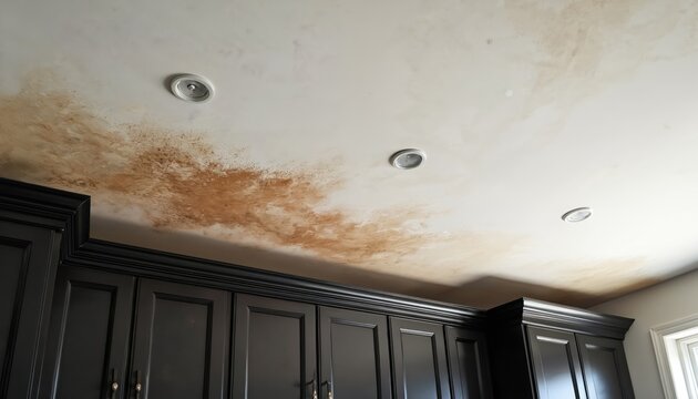 Brown water stains on white ceiling above dark kitchen cabinets. Visible signs of moisture damage and potential leak. Needs repair and restoration. Wet patches spread across plaster.