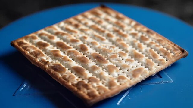 Close up of a square matzah on a blue table.