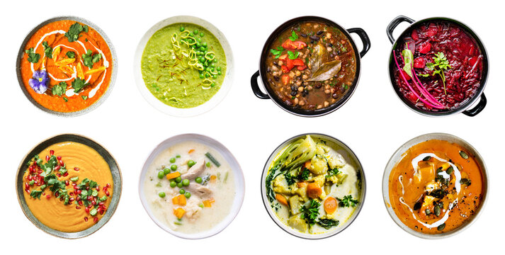 PNG Colorful bowls of diverse soups on transparent background