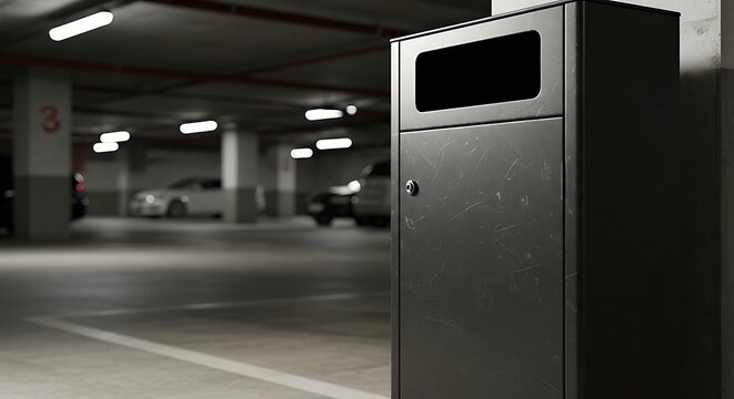 A vending machine stands alone in a dimly lit parking garage with cars parked in the background.
