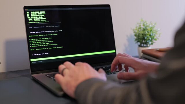 Middle Aged Man Turns Hacker in Hoodie After Using Vibe Coding Command Line Interface Artificial Intelligence Large Language Model Assistant Concept