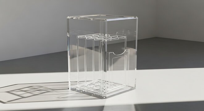 A clear glass or plastic 3D model of a building sits on a white table with a blueprint.