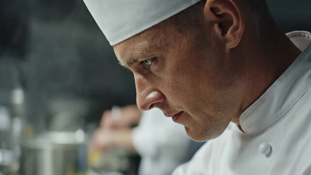 Focused chef intently prepares food in a professional kitchen with a serious expression and concentration