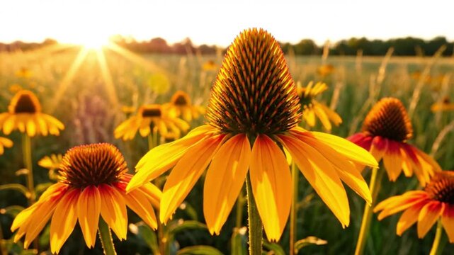 Vibrant echinacea wildflowers blooming in a golden sunset meadow