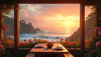 Dining table set for two overlooks ocean sunset. Colorful flowers bloom near sea cliffs. Waves crash on shore below. Perfect spot for romantic evening meal.