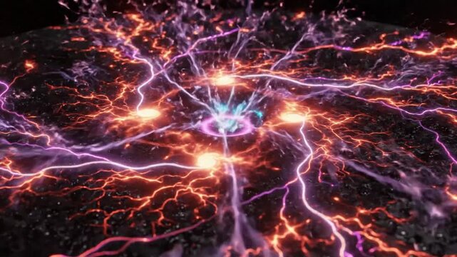 Abstract cosmic energy field visualization with vibrant glowing lightning and particle effects, dark background
