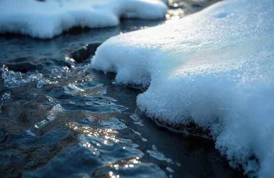 Close up shot of partially frozen stream in winter. Dark water flows around icy snow banks. Sunlight sparkles on ripples and ice crystals. Cold nature scene.