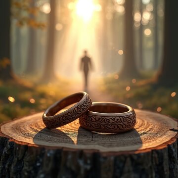 Two carved wooden rings rest on tree stump. Man walks away into sunlit forest path. Nature background evokes commitment, journey, love, and marriage union.
