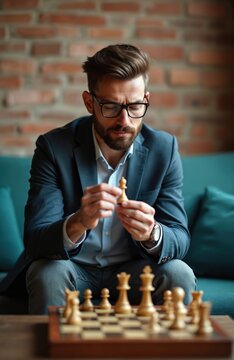 Bearded man in glasses holds chess piece, contemplating strategy. He sits indoors on couch with chessboard nearby, focused on game. Intelligence and thoughtful planning are key.
