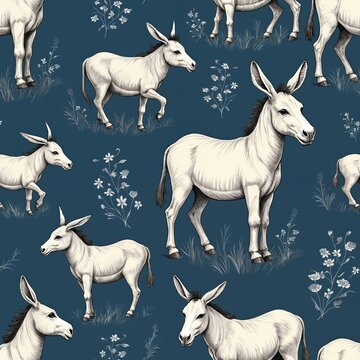 White donkeys and small flowers repeat on navy blue background. Animal pattern is drawn with fine lines. Ideal for wallpapers fabric prints and decorative items.