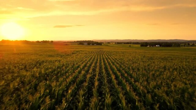 Drone perspective of golden sunset over vast cornfield in the countryside agriculture setting
