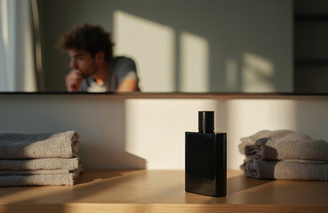 Fototapeta premium Man looks in mirror near perfume bottle. Reflection shows man contemplating. Bathroom shelf with folded towels and cologne. Morning sun creates shadows.
