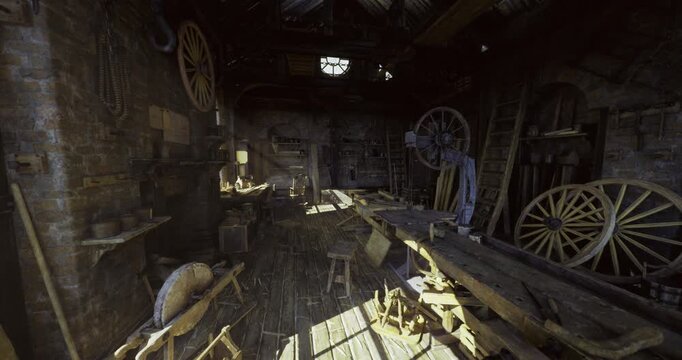 golden hour wheelwright studio bathed sunlight with scattered spokes and workbench, shelves lined with parts, warm amber glow, careful repair vibe and artisanal