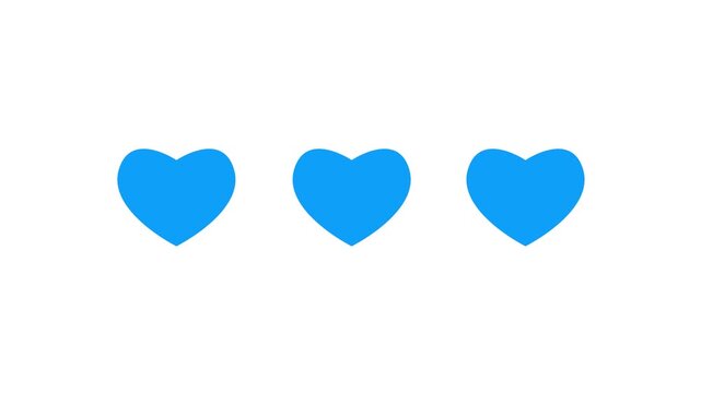 Three blue hearts popping up and bouncing on white background. Social media reaction animation for likes and digital communication.