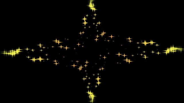 Shimmering golden star particles forming a cross shape on black background. High-quality luxury magic light effect for cinematic use.